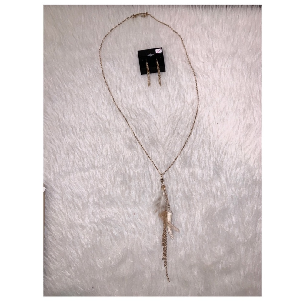 Long Gold Feathered Necklace/Earring Set